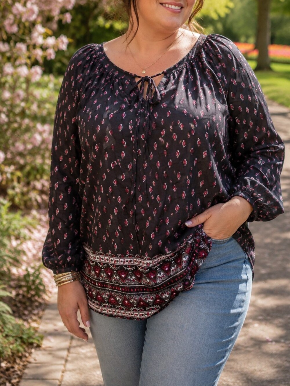 Denver Hayes Printed Boho Lightweight Blouse | Long Sleeve Peasant Top